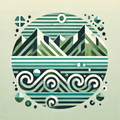 Minimalistic abstract icon representing governance and resilience in the Pacific Islands, incorporating subtle geometric elements such as stylized ocean waves and interconnected patterns. Designed in soft green tones for a modern and professional look.