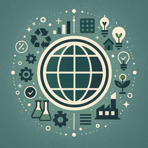 Minimalist flat-style illustration showing a globe surrounded by eco-innovation symbols such as recycling, light bulbs, factories, and lab equipment. Designed in green and teal tones to represent sustainability, scientific innovation, and scalable EU-funded impact.
