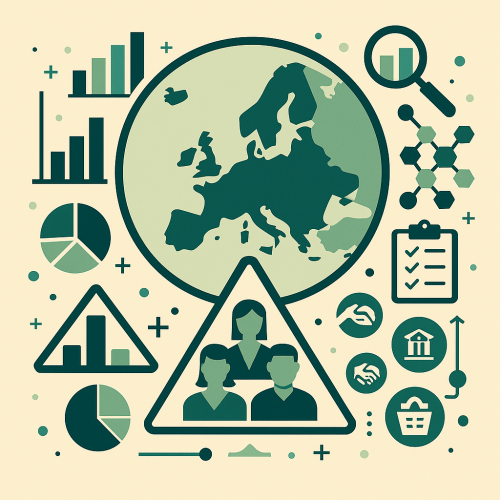 Flat-style digital illustration showing a map of Europe surrounded by icons representing the social economy, including bar charts, handshake, government building, people, and recycling symbol. Designed in green, teal, and beige to symbolize collaboration, governance, and sustainability.