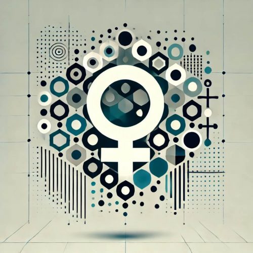 Minimalistic abstract icon representing women-led deep-tech innovation, featuring subtle geometric elements and the female symbol (♀) to highlight gender equity in AI, biotech, and advanced materials. Designed in soft green tones for a modern and professional look.