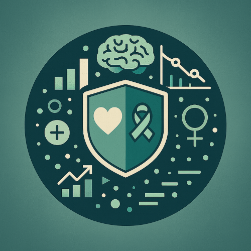 Flat-style infographic showing mental health and suicide prevention symbols, including a shield with heart and awareness ribbon, brain, bar charts, and medical case. Designed in calming green and teal tones on a textured background, symbolizing data-driven care and recovery.