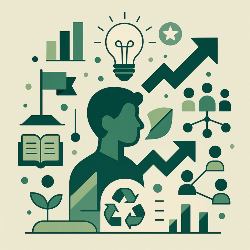 Flat-style digital illustration highlighting youth entrepreneurship. Features a central silhouette of a young person surrounded by symbols of innovation, growth, teamwork, and sustainability, including light bulbs, bar charts, handshake, and upward arrows, all in green and teal on a neutral background.